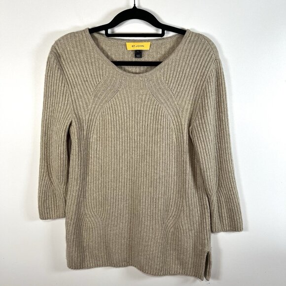 St. John Metallic Rib knit‎ sweater Women’s Size Large Wool Cashmere Tan Luxury - Picture 1 of 9